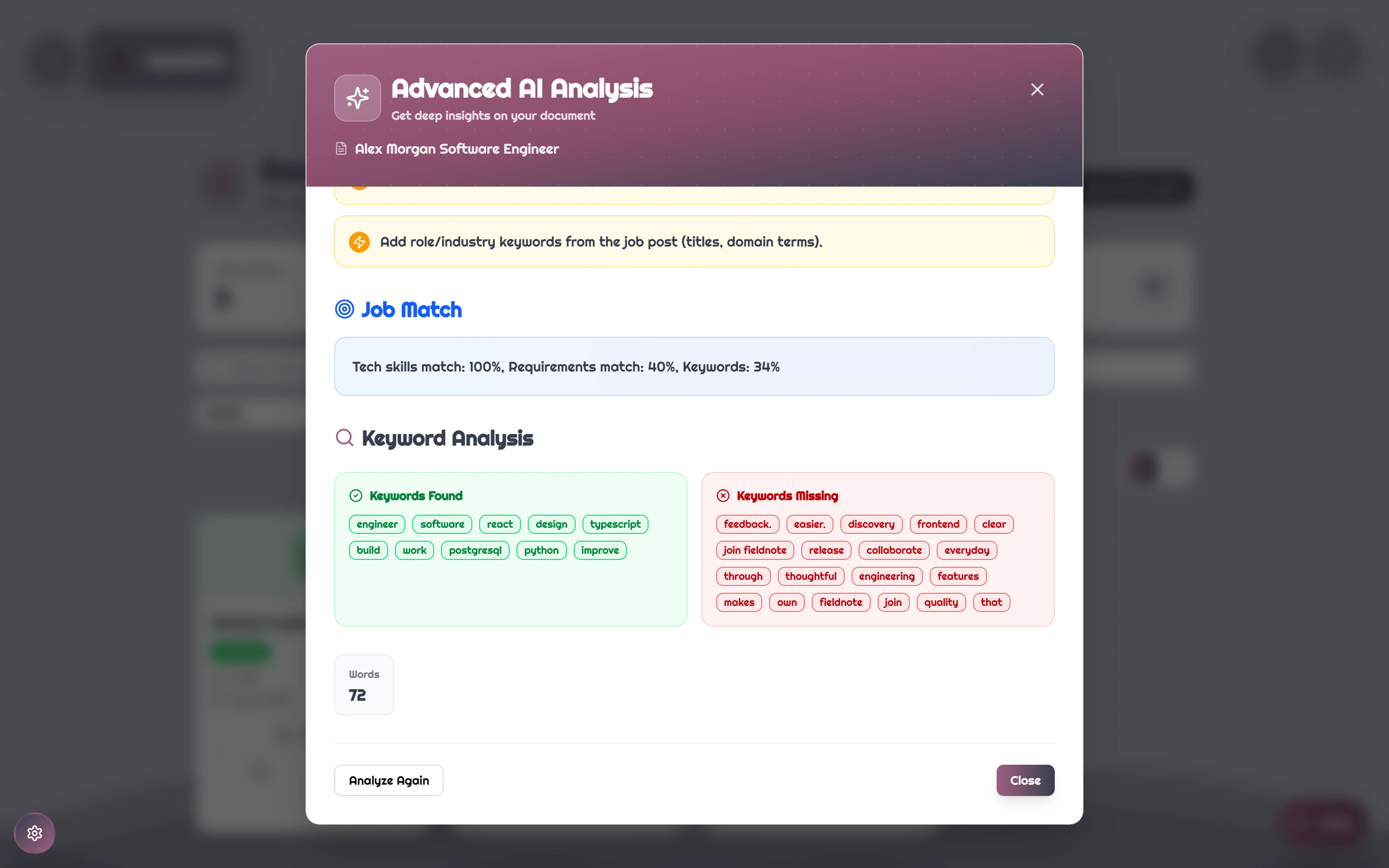 Applytide: detail of See the wording behind the result