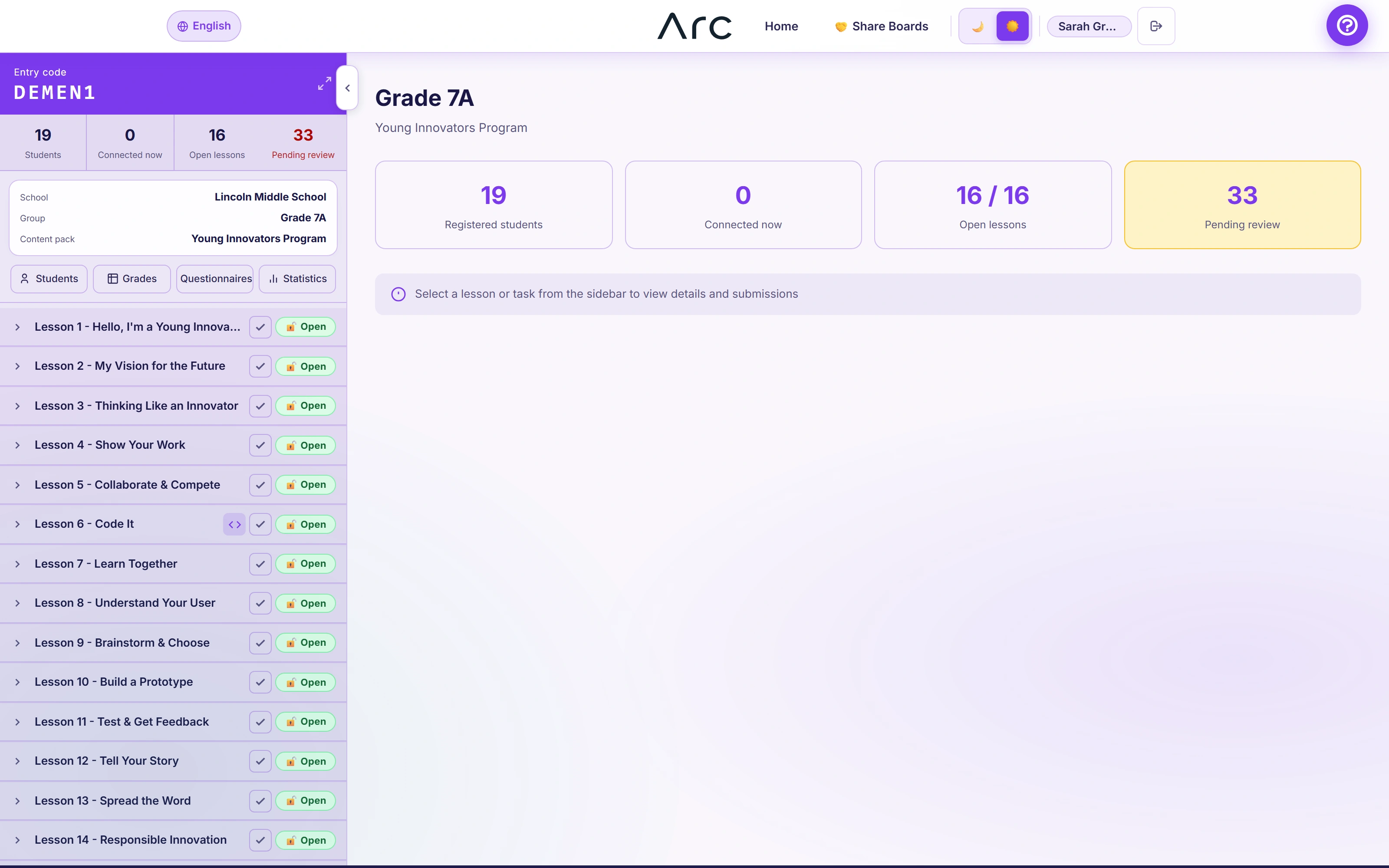 Arc: A classroom hub with a lesson tree