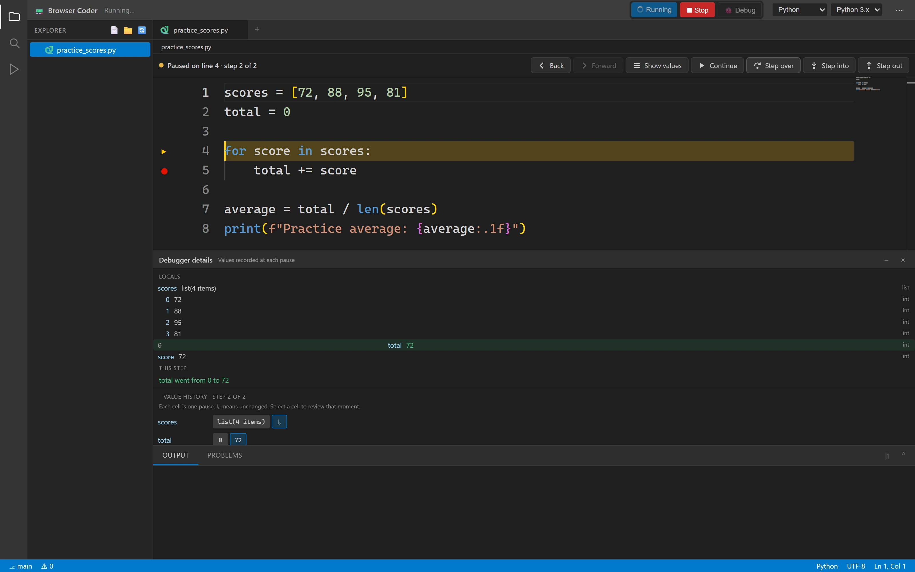 Browser Coder: detail of One line. One visible change.